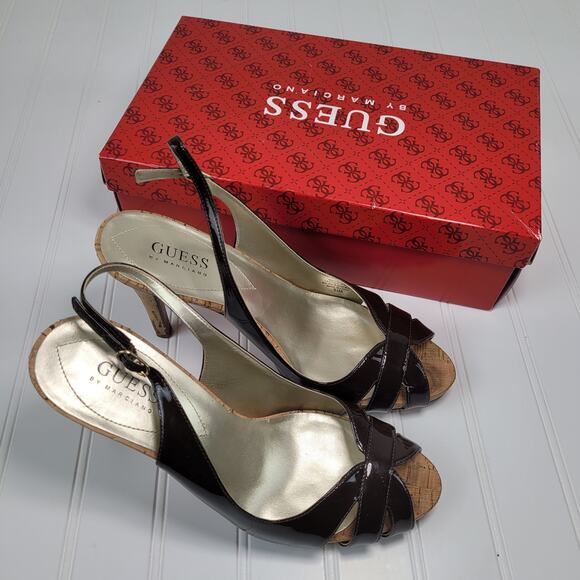 Guess by Marciano Womens 8.5M Slingback Heels Chocolate Brown Patent Leather - Picture 1 of 8